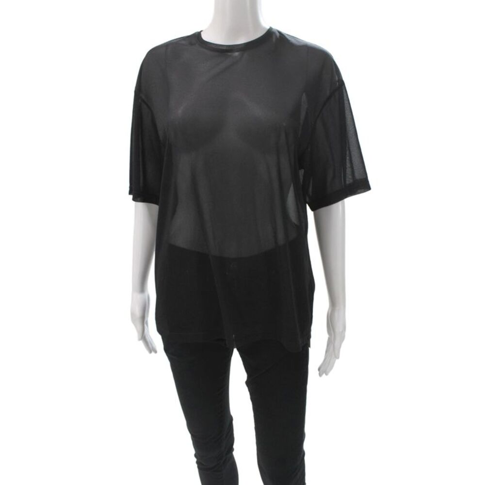 Tibi Women Basic Black Mesh Crew Neck Short Sleeve T-Shirt Size 2XS